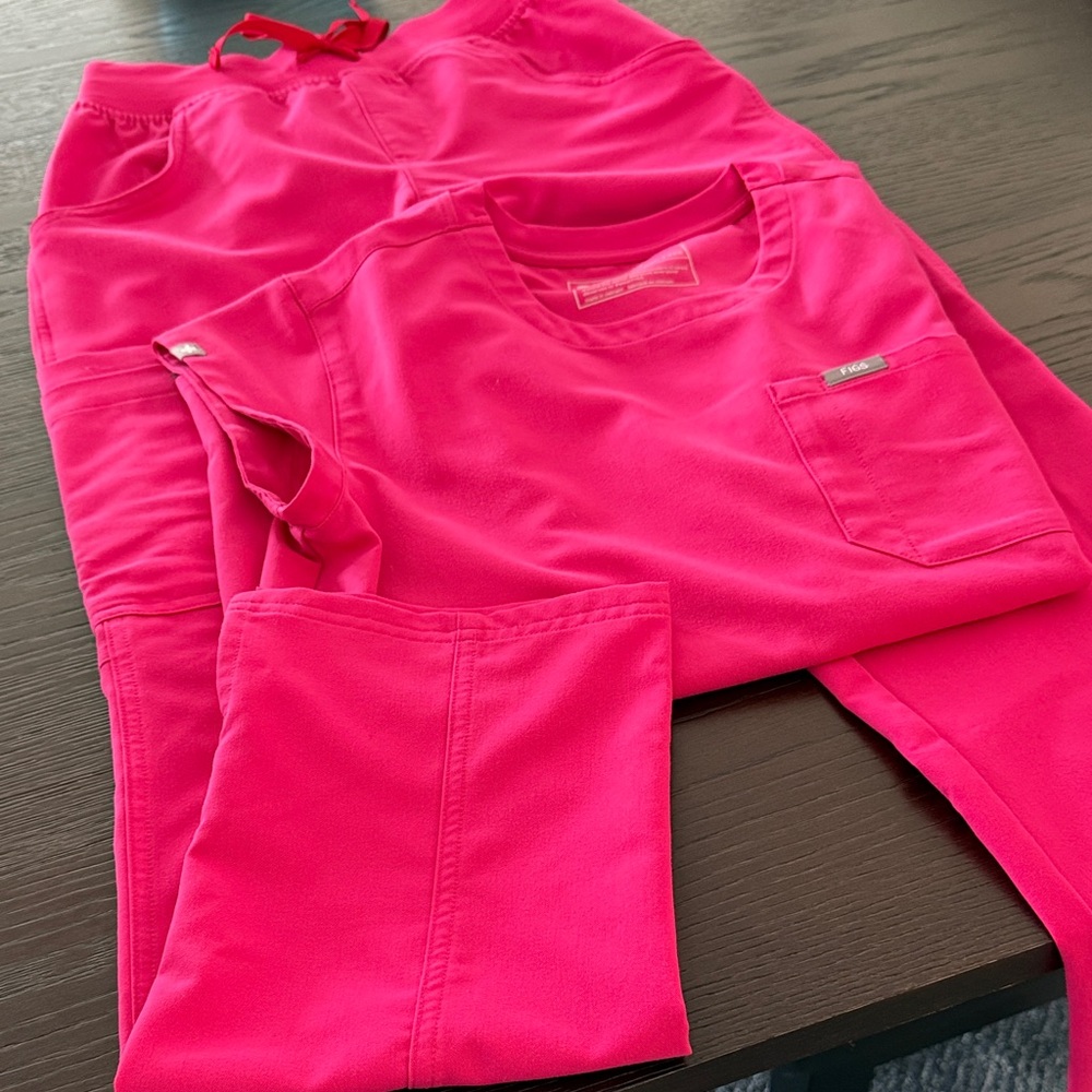 Figs XXS Bright Pink Scrub Set pants straight leg top round neck collar